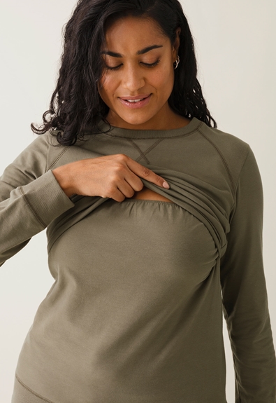 Fleece lined maternity sweatshirt with nursing access - Green khaki - L (3) - Maternity top / Nursing top
