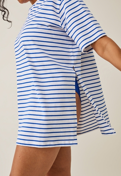 Oversized maternity t-shirt with slit - White/blue stripe - XS/S (4) - Maternity top / Nursing top