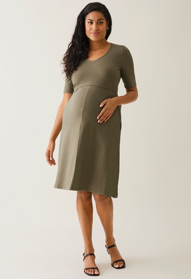 A shaped nursing dress short sleeve - Green khaki - XL (2) - Maternity dress / Nursing dress
