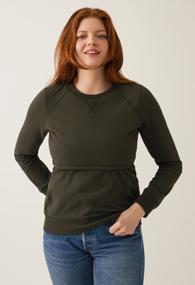 Fleece lined maternity sweatshirt with nursing access - Moss green - L (2) - Maternity top / Nursing top