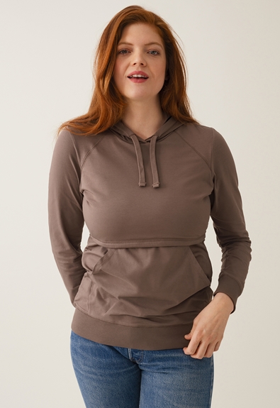Fleece lined maternity hoodie with nursing access - Dark taupe - XL (1) - Maternity top / Nursing top