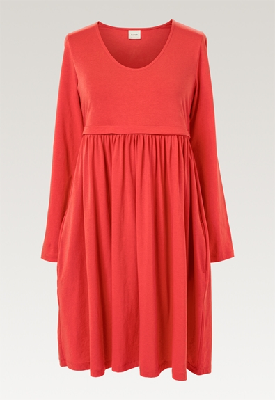 Maternity babydoll dress - Hibiscus red - S (6) - Maternity dress / Nursing dress