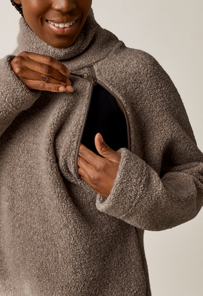 Wool pile sweater -  Brown grey melange - L/XL (2) - Maternity top / Nursing top