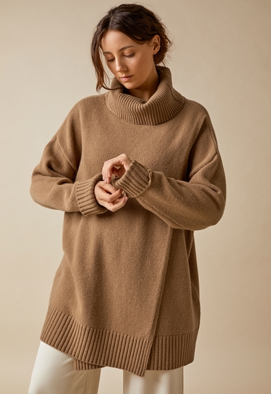 Oversized wool sweater with nursing access - Camel - L/XL (2) - Maternity top / Nursing top