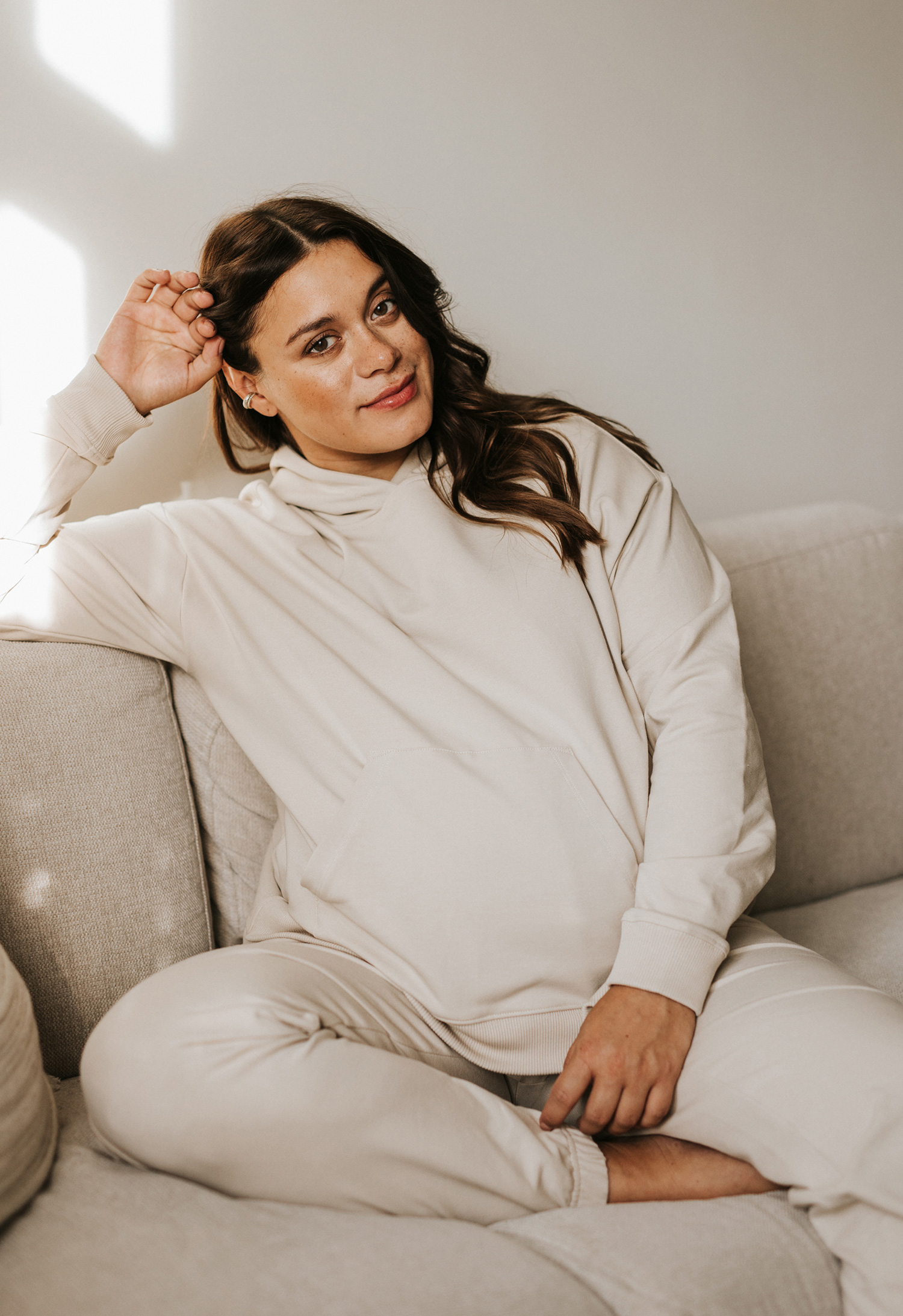 Maternity hoodie with nursing access - putty product