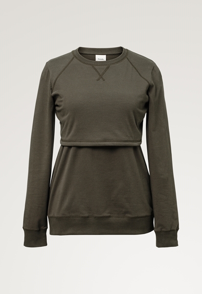 Fleece lined maternity sweatshirt with nursing access - Moss green - XXL (5) - Maternity top / Nursing top