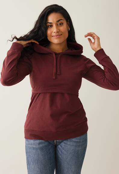 Fleece lined maternity hoodie with nursing access - Port red - L (1) - Maternity top / Nursing top