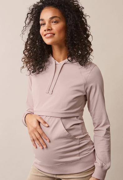 Fleece lined maternity hoodie with nursing access - Pebble - XS (2) - Maternity top / Nursing top