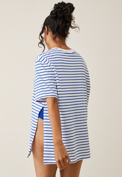 Oversized maternity t-shirt with slit - White/blue stripe - M/L (3) - Maternity top / Nursing top