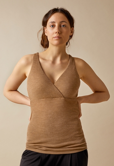 Ribbed merino wool nursing tank top - Brown melange - L (3) - Maternity underwear / Nursing underwear