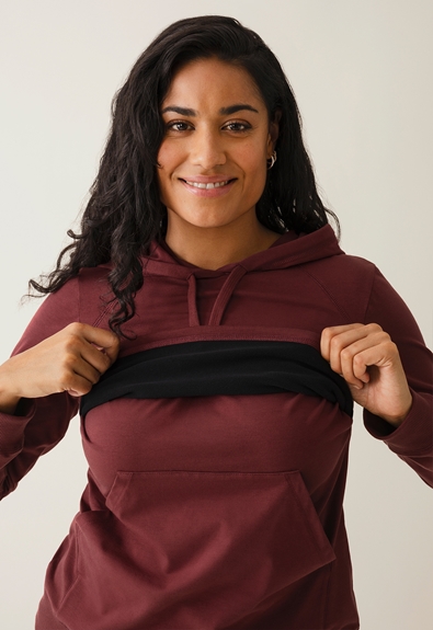 Fleece lined maternity hoodie with nursing access - Port red - XL (3) - Maternity top / Nursing top