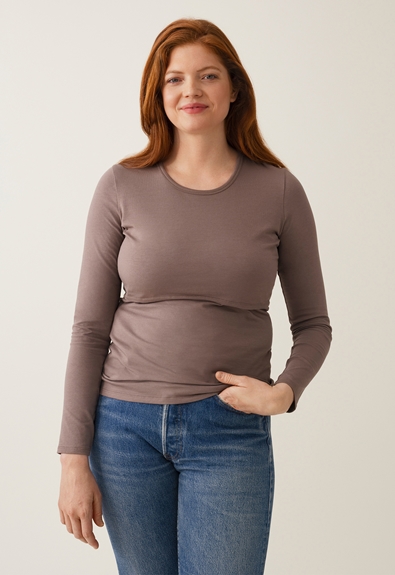 Organic cotton long sleeve nursing top - Dark taupe - XL (1) - Maternity top / Nursing top