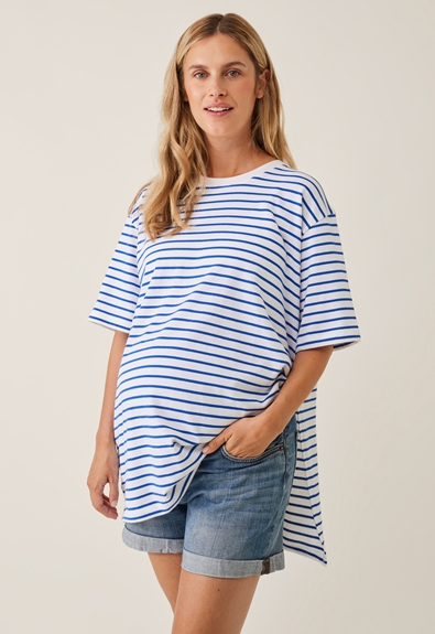 Oversized maternity t-shirt with slit - White/blue stripe - XL/XXL (1) - Maternity top / Nursing top