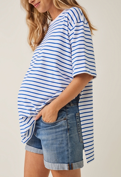 Oversized maternity t-shirt with slit - White/blue stripe - M/L (2) - Maternity top / Nursing top