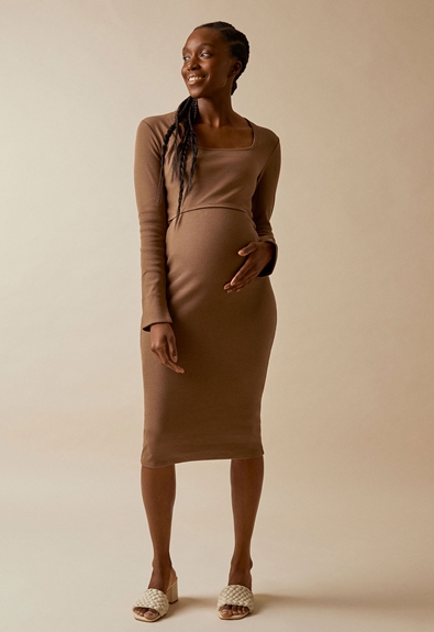 Ribbed maternity dress with nursing access - Hazelnut - L (1) - Maternity dress / Nursing dress