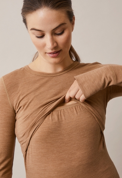 Long-sleeved merino wool top - Brown grey melange - M (3) - Maternity top / Nursing top