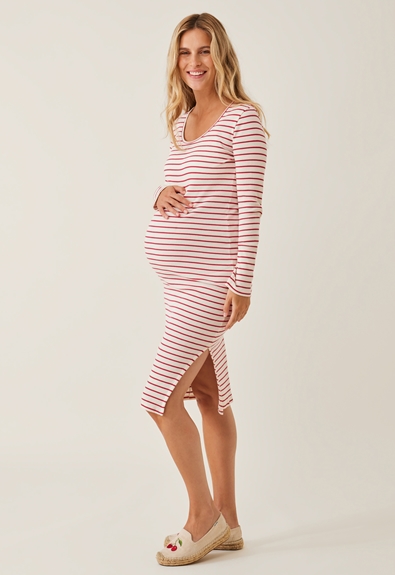 Ribbed maternity dress - White/red striped - XXL (1) - Maternity dress / Nursing dress