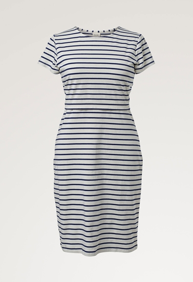 Striped nursing dress - Oatmeal/cobolt - XS (5) - Maternity dress / Nursing dress