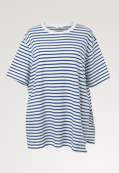 Oversized maternity t-shirt with slit - White/blue stripe - M/L (6) - Maternity top / Nursing top