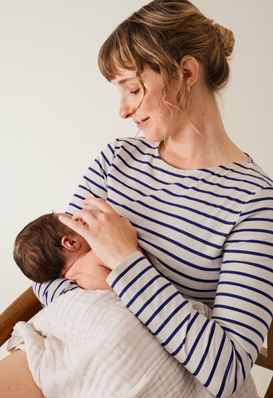 Striped nursing top - Oatmeal/Cobolt - L (1) - Maternity top / Nursing top