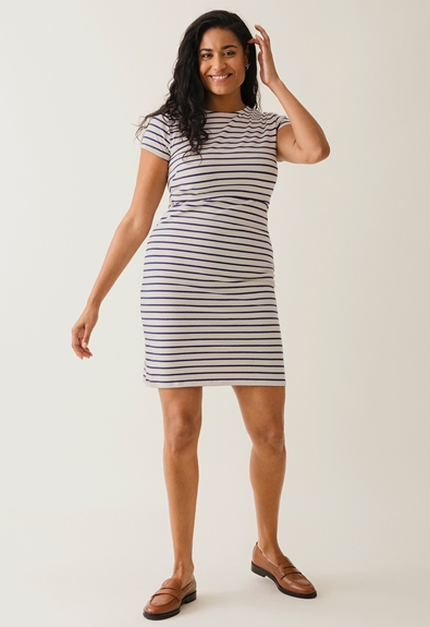 Striped nursing dress - Oatmeal/cobolt - XL (1) - Maternity dress / Nursing dress