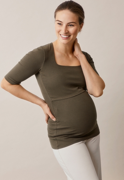 Ribbed maternity top mid-sleeve - Pine green - S (1) - Nursing wear