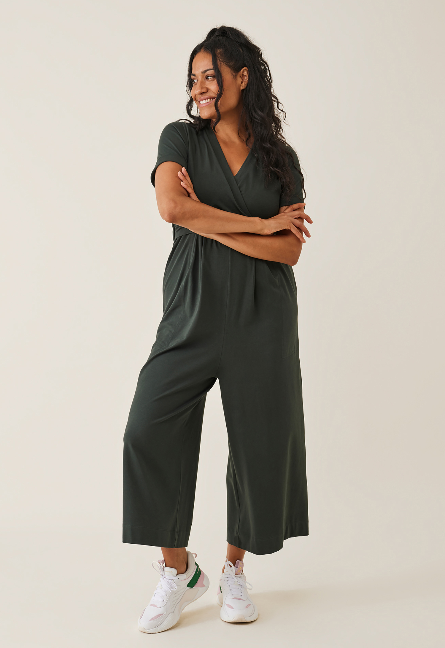 Maternity jumpsuit with nursing access - deep green product